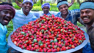 1000 STRAWBERRY  Rava Kesari Recipe using Strawberry Jam  Strawberry Recipe Cooking in Village [upl. by Hadria195]