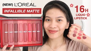 LOREAL INFALLIBLE MATTE RESISTANCE LIQUID LIPSTICK SWATCHES Ratu Adellya [upl. by Nomyaw650]