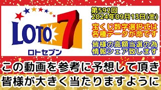 【ロト7予想】第592回2024年09月13日金抽選の当選数字を予想する為に各種過去データをシェアする動画【宝くじ高額当選億万長者】 [upl. by Nirrej]