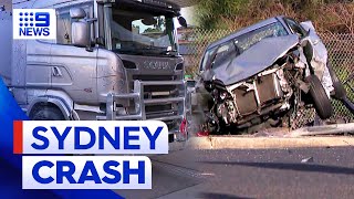 Truck driver questioned after multivehicle crash in Sydney  9 News Australia [upl. by Nobel413]