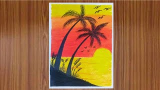 Easy Landscape Drawing with Oil Pastels  How to Draw Easy Scenery  SUNRISE SCENERY [upl. by Tigram]