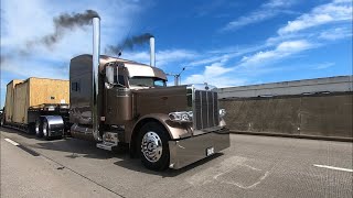 600hp stretched out peterbilt 379 18 speed shifting and LOUD JAKES [upl. by Cynde]