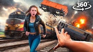 360 video CAR IS STUCK ON TRAIN TRACKS TRAIN ACCIDENT amp DERAILMENT Virtual Reality 4K [upl. by Ailak]