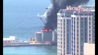 GIBRALTAR WASTE OIL TANK EXPLOSION amp FIRE  INDEPENDENCE OF THE SEAS MAKES HASTY DEPARTURE [upl. by Netsirt]