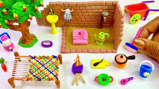 DIY How to make polymer clay miniature Village House Washroom Set Kitchen Set Tree Charpai [upl. by Enaasiali]