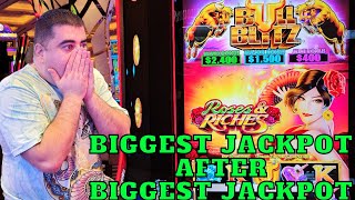 BIGGEST JACKPOT After BIGGEST JACKPOT On Bull Blitz Slot Machine [upl. by Georglana]