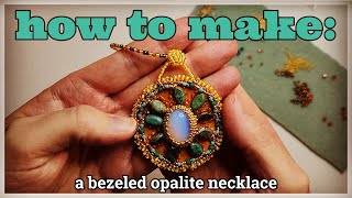 DIY ⭐️ bezeled opalite beaded necklace  beading tutorial  circular peyote stitch [upl. by Susej666]