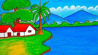 How to Draw Easy Scenery Drawing With Oil Pastel Landscape Village Scenery Drawing Step By Step [upl. by Wolf]