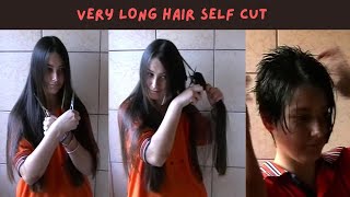 Young girl very long hair quick selfcut haircutforlonghair ladieshaircut haircut hair pixiehair [upl. by Eeliah]