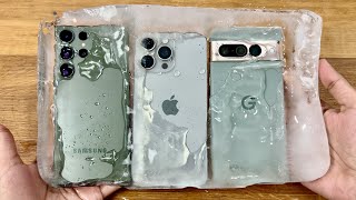 iPhone 15 Pro Max vs Samsung S23 Ultra vs Pixel 7 Pro  Water FREEZE Test OMG [upl. by Pebrook]