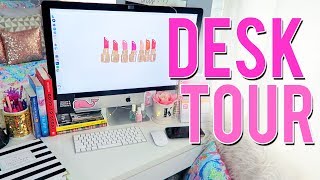 PREPPY DESK TOUR WHATS ON MY DESK ORGANIZATION amp ESSENTIALS  Kellyprepster [upl. by Shina273]