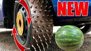 NEW  SPINING SPIKE TIRE CAR vs WATERMELON  Most satisfying SHREDDING video [upl. by Guttery]