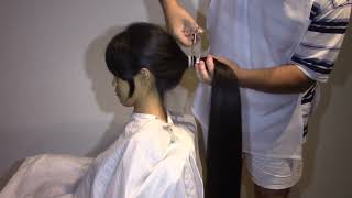 beautiful thick very long hair cut off in a ponytail hairstyle salon pixiecut haircut pixie [upl. by Weidar]