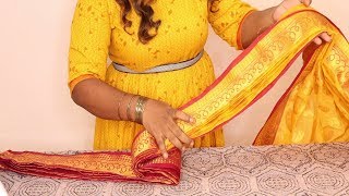 how to take small pleats in saree in tamil\saree folding technique\how to fold saree for travelling [upl. by Eenaj]