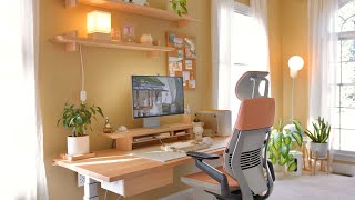 My 2024 Cozy Desk Setup  Standing Desk Ergonomic Chair 5K Monitor Desk Accessories Zen amp Earthy [upl. by Anahsirk200]