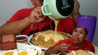 Cheesy Pancit Canton at Spam Filipino Mukbang [upl. by Nanam]