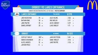 Bairnsdale Cricket Association  A Grade by Solahart  Round 13  Orbost v Lakes Entrance  Day 2 [upl. by Letti]