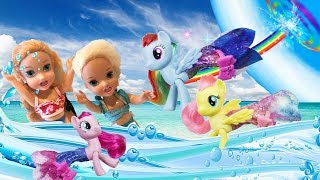 Anna and Elsa Toddlers Meet My Little Pony Mermaids Barbie Boat Swimming Pool Toys Dolls Sea Ponies [upl. by Pieter]