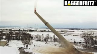 Sprengung 100mSchornstein Lafarge  blasting of 100m high smokestack  drone view  slow motion [upl. by Rma859]