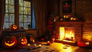 Cozy Fall Halloween Room  Fireplace Crackle Rain Sounds and Scenic Window Views for Rest  8hours [upl. by Novak]