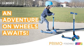 Globber PRIMO FOLDABLE LIGHTS 3 wheel foldable scooter for kids 2019 film [upl. by Feledy959]