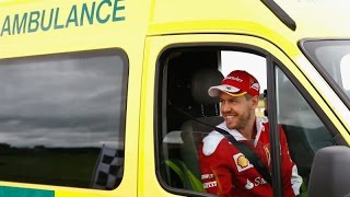 F1 2016  Sebastian Vettel drives an ambulance in a race against a Ferrari 488 GTB [upl. by Eegnat]