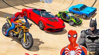 HOMEM ARANHA BATMAN e HERÓIS COM MOTOS e CARROS NOVO DESAFIO DE SALTOS NO FAROL  GTA V [upl. by Norris808]