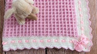 How to Crochet Waffle Stitch Baby Blanket Pretty amp EASY 2row repeat [upl. by Esdras]