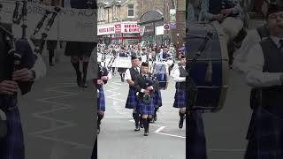 Comrie with Kinross amp District Pipe Band in street parade to 2023 Crieff Highland Gathering shorts [upl. by Ecadnarb]