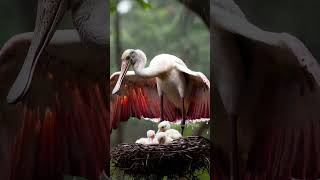 Mother Spoonbill Bird Sheltering Her Chicks from the Rain mother birds parrot [upl. by Eidderf]