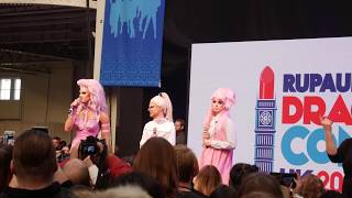 Crystal Gothy amp Scaredy Kat  intro to God Shave the Queens trailer  RuPauls DragCon UK 190120 [upl. by Gervase]