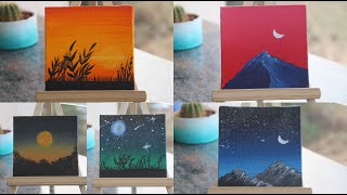 5 Paintings For Beginners  Complete Guide on Blending Techniques  Painting on 5 Tiny Canvases [upl. by Mariette527]