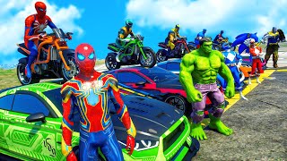 Cars and SpiderMan SPIDERMAN TEAM on SUPER Cars Parkour Obstacles with Superheroes [upl. by Crescentia]