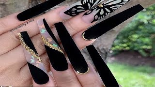 Recreación Diseño de INSTAGRAM Uñas En COLOR NEGRO MATTE Con Mariposas Tornasol [upl. by Lillie]