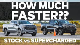 Supercharged GMC Sierra AT4 vs Stock  Drag Race Comparison  GOLIATH 650 by HENNESSEY [upl. by Heshum491]