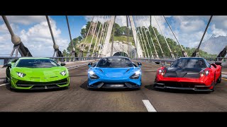 FH5 Drag Race  Lamborghini Aventador SVJ VS McLaren 765LT VS Pagani Huayra BC [upl. by Dimond]