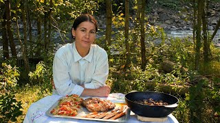 COOKING STEAKS IN THE MOUNTAINS The amazing life of a woman in the mountains [upl. by Ojillek]