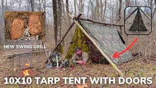 Solo Overnight Building a Waterproof Tarp Tent with Closing Doors in the Rain and Ribeye Steaks [upl. by Eahsel978]