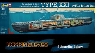 Revell German Submarine Type XXI with Interior UnboxingReview 1144 Scale U Boat [upl. by Rabassa986]