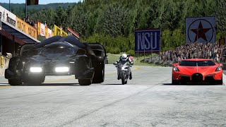 Kawasaki Ninja H2 vs Batmobile vs Bugatti La Voiture Noire at Old SPA [upl. by Charpentier]