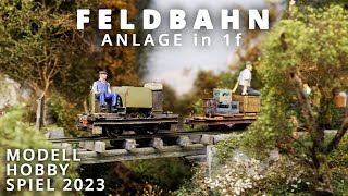 Modellbahn in 1f  2 Feldbahnanlagen voller Details auf der Modell Hobby Spiel 2023 [upl. by Frissell]