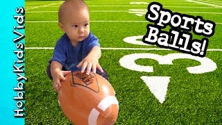 Inflatable FOOTBALL  SPORTS Balls Basketball Soccer and Baseball Pool Play HobbyKidsTV [upl. by Bale]