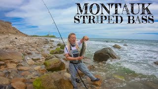 Montauk Striped Bass Fishing  Her First Striper  Surf Fishing Long Island  New York  2020 [upl. by Finlay893]