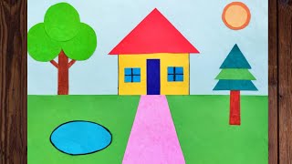 How to make scenery using geometrical shapes House scenery with geometrical shapes Village scenery [upl. by Ruddy]