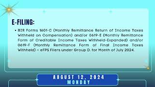 Tax Calendar August 12 2024 [upl. by Ennaitsirk]