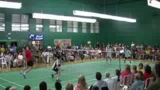 Badminton 59 shot doubles rally with trick shot ending [upl. by Brownson274]