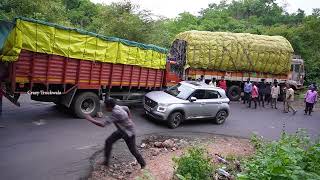 Ghat Road  Cars Crossing Heavy Loaded Truck 12 Tyres Lorry Driving Stopped on Ghat Roads U Turning [upl. by Naletak]