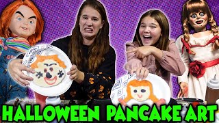 Halloween Villains Pancake Art Challenge Featuring Chucky Annabelle and Slappy [upl. by Elleinet]