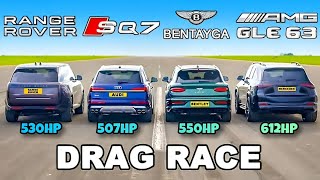 Drag race between Range rover vs Audi sQ7 vs Bentayga vs Gle 63 by TrackforDRAG [upl. by Murton]