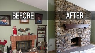 Eldorado Stone Fireplace Installation with mantel  Time Lapse  installing stone veneer [upl. by Queston]